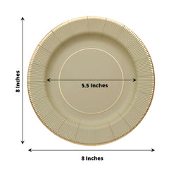 25-Pack Paper 8" Round Dessert Plates in Khaki Sunray Design with Gold Rim - Disposable Heavy Duty 350GSM Appetizer Salad Plates