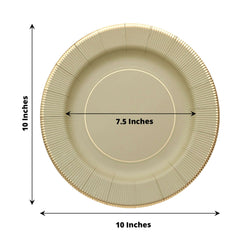 25-Pack Paper 10" Round Dinner Plates in Khaki Sunray Design with Gold Rim - Disposable Heavy Duty 350GSM Party Plates