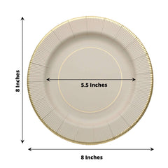 25-Pack Paper 8" Round Dessert Plates in Taupe Sunray Design with Gold Rim - Disposable Heavy Duty 350GSM Appetizer Salad Plates