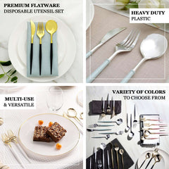 24-Pack Plastic Flatware Set in Metallic Gold with Dusty Sage Green Handle - Heavy Duty Disposable Modern Silverware 8"