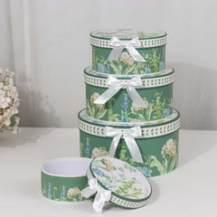 Set of 4 Cardstock Round Nesting Gift Boxes Greenery Theme Design - Decorative Heavy Duty Stackable Keepsake Boxes With Lids for Presents Storage & Pedestal Stand 5",7",8",9"