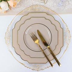 10-Pack Plastic Dinner Plates in Taupe Baroque Design with Scalloped Gold Rim - Heavy Duty Disposable Party Plates 11"
