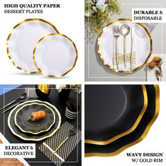 25-Pack Paper Round Dinner Plates 10" Matte Black with Gold Wavy Rim - Disposable 350GSM Party Plates