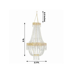 5ft Empire Style Beaded Crystal Chandelier with Gold Ornate Metal Frame, Adjustable Hanging Farmhouse Pendant Ceiling Lighting