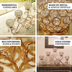 5-Arm Metal Candelabra Horizontal Design with Crystal Goblets Gold - Table Centerpiece for Events 27"