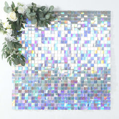 Disco Theme Iridescent Blue Square Sequin Shimmer Wall Party Photo Backdrop, 24sq.ft Active Spangle Wall Art Décor Panels - 24 Panels