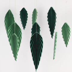 Set of 6 Mixed Green Leaves Hanging Paper Fans Backdrop Decor, Pre-Strung Foldable Tropical Palm Leaves Jungle Theme Party Supplies - 11",15"