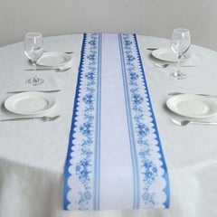 5 Pack Disposable Table Runners 11"x108" White with Blue Ornate Floral Prints - Non-woven Stylish Kitchen Dining Table Decor
