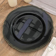 10-Pack Plastic 10" Dinner Plates in Black with Gold Scalloped Rim - Disposable Large Party Plates