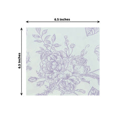 50 Pack 2-Ply Paper Beverage Napkins in Matte Lavender and White French Toile Floral Pattern, Highly Absorbent Soft Disposable Cocktail Napkins