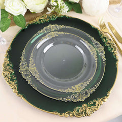 6-Pack Acrylic Round Charger Plates 13" in Hunter Emerald Green with Gold Embossed Baroque Rim, Antique Decorative Dinner Party Charger Tableware