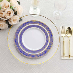 10-Pack Plastic Round Dinner Plates 10" White with Navy Blue Gold Spiral Rim - Chic Disposable Party Plates