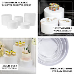 Set of 5 Acrylic Cake Stands Cylinder Design Round White - Display Risers for Events 8.5", 9", 10", 11", 12"