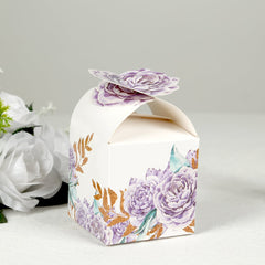 25 Pack Lavender Peony Floral Top Candy Gift Boxes, Lilac Cardstock Paper Party Favor Boxes - 3"x3"x5"