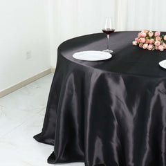 Satin 132" Round Tablecloth Black - Stylish Seamless Table Cover for Weddings & Events