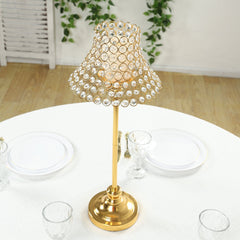 24" Tall Crystal Beaded Candle Stand – Gold Metal Centerpiece with Lamp-Inspired Shade for Tables & Events