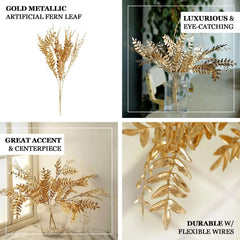 2-Pack Artificial Fern Leaf Branches Metallic Gold - Faux Decorative Bouquets for Glamorous Centerpiece Backdrop & Floral Decor 21"
