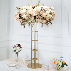 Metal Wedding Centerpiece Open Frame Design Gold - Grand Halo Top Floral Riser Pedestal 46"
