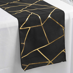 Polyester 9ft Table Runner Black with Gold Foil Modern Geometric Accent