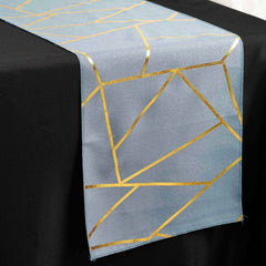Polyester 9ft Table Runner Dusty Blue with Gold Foil Modern Geometric Accent