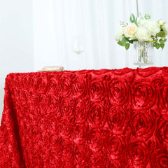 Satin 90"x156" Rectangle Tablecloth Red - Grandiose 3D Rosette Table Cover with Seamless Finish