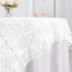 Satin 72"x72" Table Overlay Square Tablecloth White - 3D Rosette Design for Stylish Occasions
