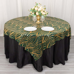 Mesh 72"x72" Table Overlay Square Tablecloth Hunter Emerald Green - Wave Embroidered Sequins Table Topper