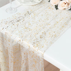 Sheer Chiffon 10ft Table Runner Metallic Gold Glittered Design - Sparkling Table Decor