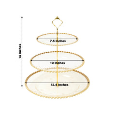 14" Clear Gold Glittered 3-Tier Plastic Dessert Display Stand With Gold Beaded Rim, Round Cupcake Tower Tea Party Serving Platter With Top Handle