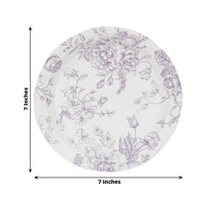 25-Pack Paper 7" Round Dessert Plates in White with Matte Lavender French Toile Pattern - Disposable Floral Salad Appetizer Plates