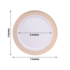 10-Pack Plastic Round Dessert Plates 7" White with Blush Rose Gold Spiral Rim - Chic Disposable Salad Plates for Events & Banquets
