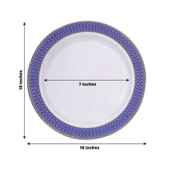 10-Pack Plastic Round Dinner Plates 10" White with Navy Blue Gold Spiral Rim - Chic Disposable Party Plates