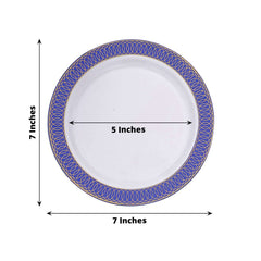 10-Pack Plastic Round Dessert Plates 7" White with Navy Blue Gold Spiral Rim - Disposable Salad Plates