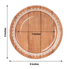 25-Pack Paper 9" Round Dinner Plates in Brown Wood Grain Print with White Floral Lace Rim - Disposable Party Plates for Rustic Farmhouse Style Events