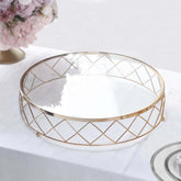 Metal Cake Stand Geometric Diamond Cut Design Gold with Glass Top - Dessert Display Riser 14"