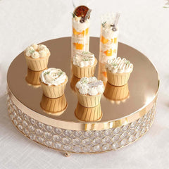 Metal Cake Stand Pedestal Crystal Beaded Design Gold - Cupcake Display and Dessert Riser 16"