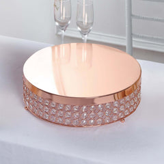 Metal Cake Stand Pedestal Crystal Beaded Design Rose Gold - Cupcake Display and Dessert Riser 14"