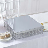 Metal Cake Stand Square Design with Crystal Beads Silver - Dessert Pedestal for Events 16"