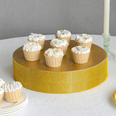 Metal Pedestal Cake Stand Round Design with Rhinestones Gold - Cupcake Holder and Dessert Table Centerpiece 14"