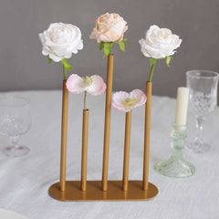 Bud Vase Gold Metal Minimalist Design with 5-Tubes - Single Stem Flower Centerpiece 10"