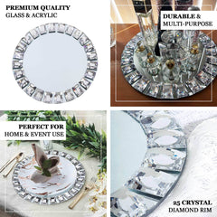 2-Pack Glass Mirror Round Charger Plates 13" in Silver with Jeweled Rim - Premium Decorative Dinner Party Charger Tableware