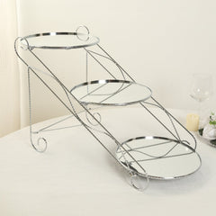 3-Tier Cake Stand Cascading Design with Round Mirror Trays Silver - Dessert Display and Serving Platter Metal 16"x19"