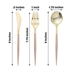 24-Pack Plastic Flatware Set in Metallic Gold with Beige Handle - Heavy Duty Disposable Modern Silverware 8"