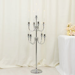 Metal Floor Candelabra Candle Holder, 9-Arm Vintage Taper Stand Silver Table Centerpiece for Weddings & Parties 46" Tall