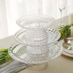 Set of 3 Plastic Cupcake Stands Clear Pressed Glass Pattern - Modern Stackable & Reusable Cake Dessert Pedestal Display Holders with Scalloped Edges 8", 10", 12"