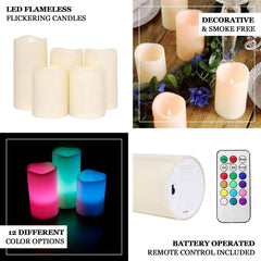 Set of 5 LED Flickering Pillar Candles Color Changing Ivory with Remote - Battery Operated 4", 5", 6"