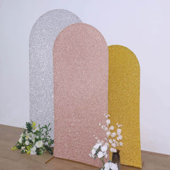 6ft Rose Gold Shimmer Tinsel Spandex Chiara Backdrop Stand Cover For Fitted Round Top Wedding Arch