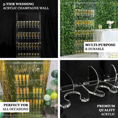 5-Tier Acrylic Champagne Wall Glass Holder Clear, 40 Stemware Rack Cocktail Display Drink Organizer for Classy Events & Banquets 5ft