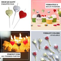 10-Pack Heart Shaped Cupcake Candles Love and Valentine Dessert Toppers - Red, Silver, and Gold