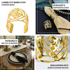4 Pack Shiny Gold Laser Cut Rose Round Metal Napkin Rings, Decorative Flower Napkin Holders